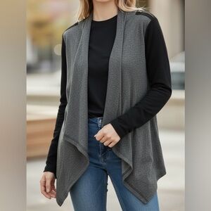 NWT Renee C Color Block Open Drape Cardigan Black Gray Zipper Detail S